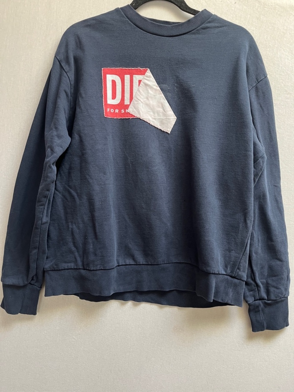 Diesel Heavyweight Cotton Knit Crewneck Sweater Navy Blue Red Logo Men Size S